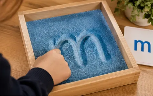 A child tracing the letter m in a tray of sand
