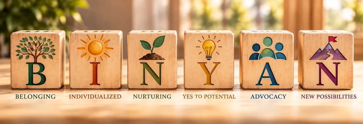 Six wooden blocks spelling BINYAN: Belonging, Individualized, Nurturing, Yes to Potential, Advocacy, New Possibilities